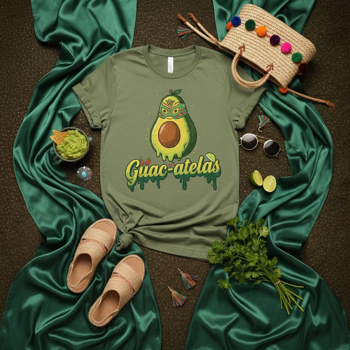 Guac-atela's Lucha Libre Avocado T-Shirt, Funny Mexican Food Pun Tee, Cinco de Mayo Guacamole Lover Unisex Shirt, Cute Wrestler Mask Graphic Apparel Mexicada