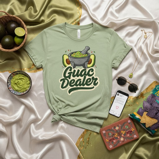 Guac Dealer Shirt, Funny Avocado Guacamole Maker T-Shirt, Mexican Food Lover Gift Tee, Unisex Cooking Pun Apparel with Molcajete Graphic Mexicada