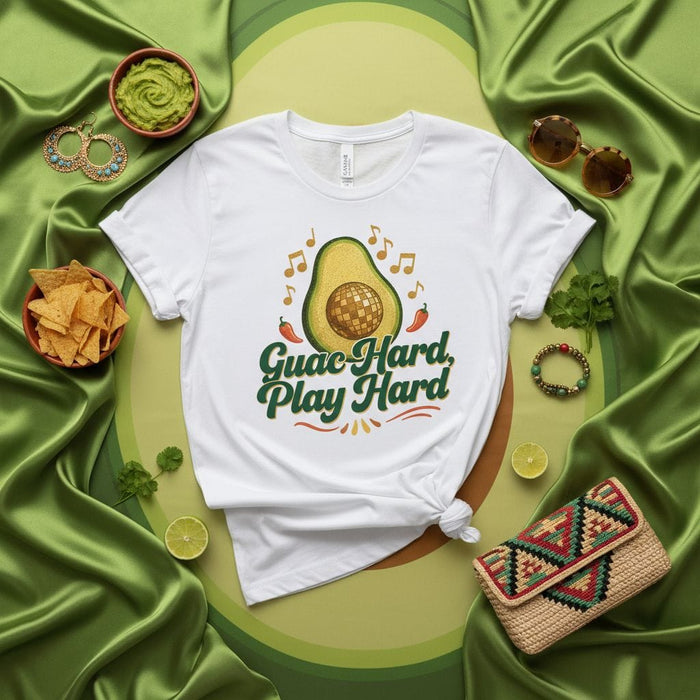 Guac Hard, Play Hard T-Shirt, Funny Avocado Disco Ball Tee, Cinco de Mayo Party Shirt, Foodie Musician Gift, Unisex Mexicada
