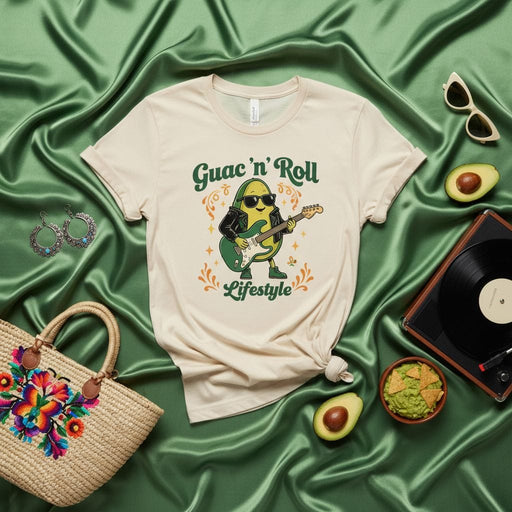 Guac 'n' Roll Lifestyle Avocado T-Shirt Funny Rock Guitar Graphic Tee Unisex Food Pun Shirt Mexican Fiesta Concert Festival Clothing Gift Mexicada