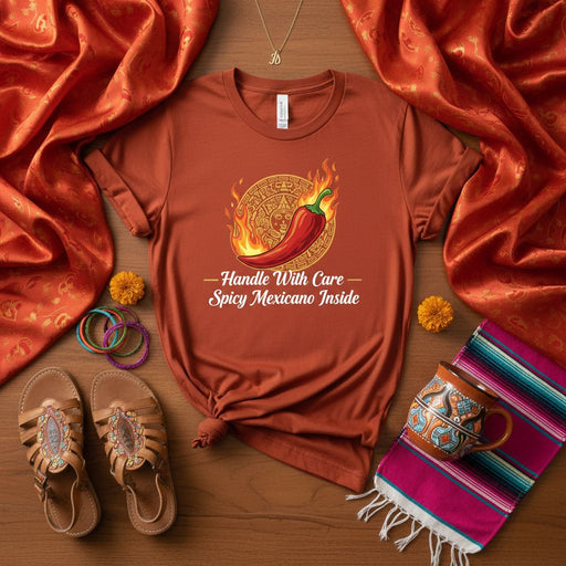 Handle With Care Spicy Mexicano Inside T-Shirt, Aztec Calendar Fire Chili Pepper Shirt, Unique Unisex Mexican Culture Tee, Cinco De Mayo Fiesta Apparel, Hot Sauce Lover Gift Mexicada