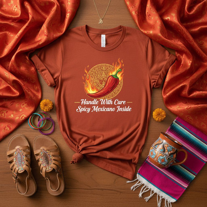 Handle With Care Spicy Mexicano Inside T-Shirt, Aztec Calendar Fire Chili Pepper Shirt, Unique Unisex Mexican Culture Tee, Cinco De Mayo Fiesta Apparel, Hot Sauce Lover Gift Mexicada