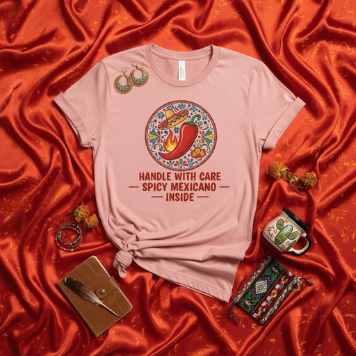 HANDLE WITH CARE SPICY MEXICANO INSIDE T-Shirt, Hot Chili Pepper Sombrero Unisex Tee, Cinco de Mayo Fiesta Shirt, Mexican Culture Gift Idea, Spicy Food Lover Apparel Mexicada