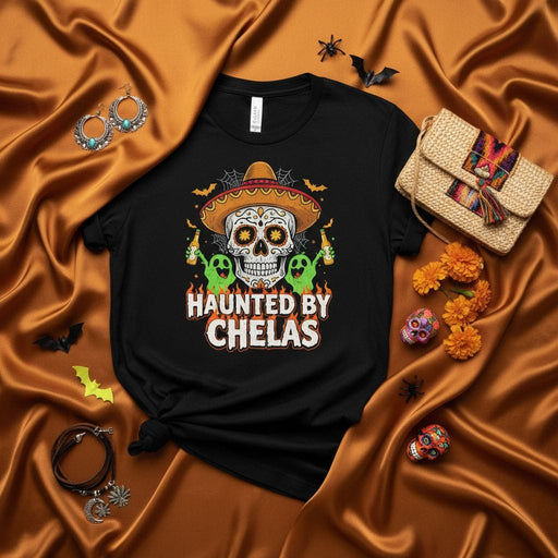 Haunted By Chelas Day of the Dead Sugar Skull T-Shirt with Sombrero, Drinking Ghosts, and Bats for Halloween and Cinco de Mayo Unisex Graphic Tee Shirt Gift Mexicada