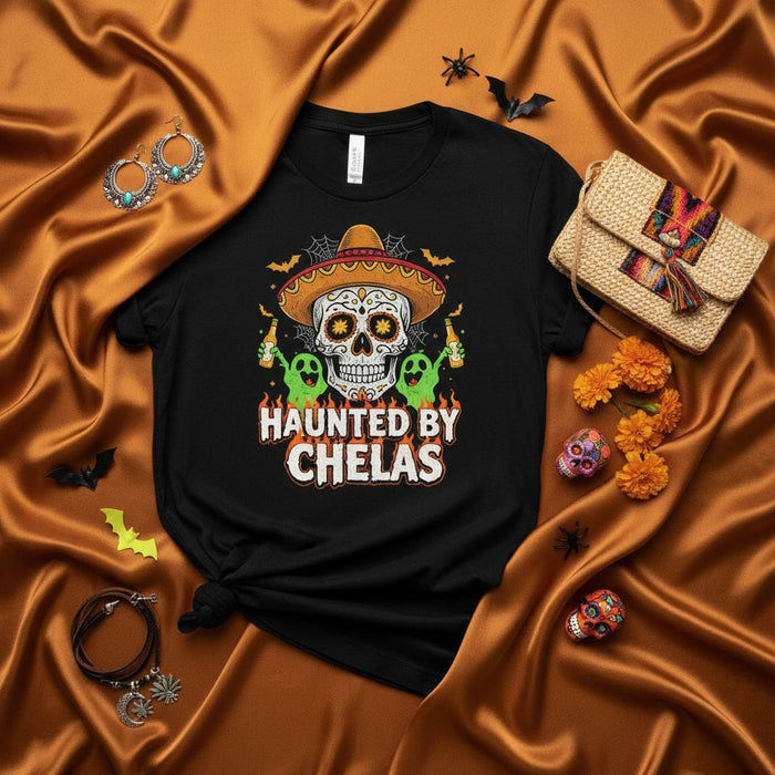 Haunted By Chelas Day of the Dead Sugar Skull T-Shirt with Sombrero, Drinking Ghosts, and Bats for Halloween and Cinco de Mayo Unisex Graphic Tee Shirt Gift Mexicada