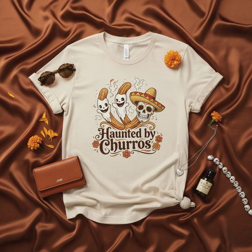 Haunted by Churros Spooky Halloween T-Shirt with Sugar Skull Sombrero and Ghostly Churro Graphic for Dia de Muertos and Fall Festivities Mexicada