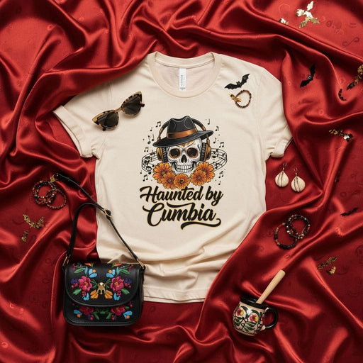 Haunted by Cumbia Sugar Skull T-Shirt, Day of the Dead Music Tee, Calavera with Headphones, Halloween Party Shirt, Dia de los Muertos, Unisex Fit Mexicada