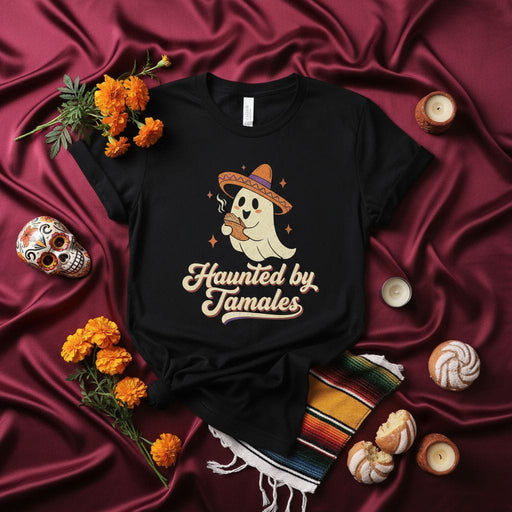 Haunted by Tamales Ghost T-Shirt, Funny Dia de Muertos Halloween Shirt, Cute Spooky Mexican Food Tee, Calavera Sugar Skull Fiesta Gift, Unisex Adult Apparel Mexicada