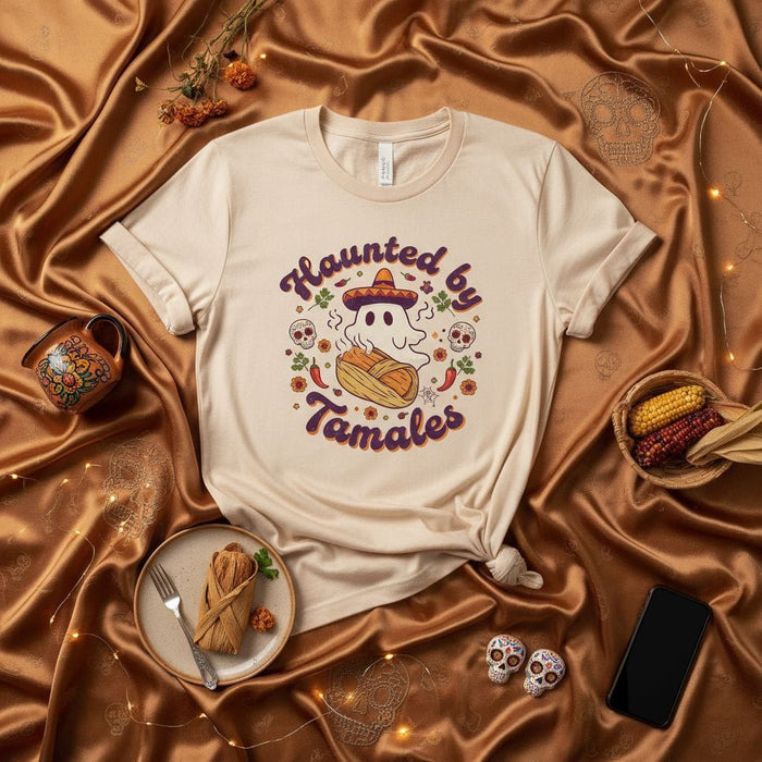 Haunted by Tamales Ghost T-Shirt, Funny Dia de Muertos Halloween Shirt, Cute Spooky Tamale Lover Unisex Tee, Mexican Food Fall Holiday Apparel Gift Mexicada