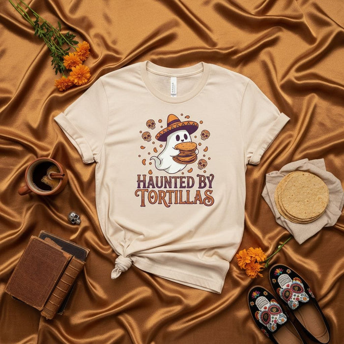 Haunted By Tortillas Shirt, Funny Halloween Ghost Sombrero Taco Fiesta Pun T-Shirt, Spooky Day of the Dead Sugar Skulls Calavera Unisex Tee Gift Mexicada
