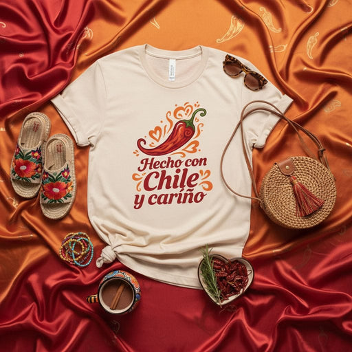 Hecho con Chile y Cariño T-Shirt, Spicy Chili Pepper Graphic Tee, Unisex Spanish Saying Shirt, Cute & Loving Design, Mexican Heritage Gift Mexicada