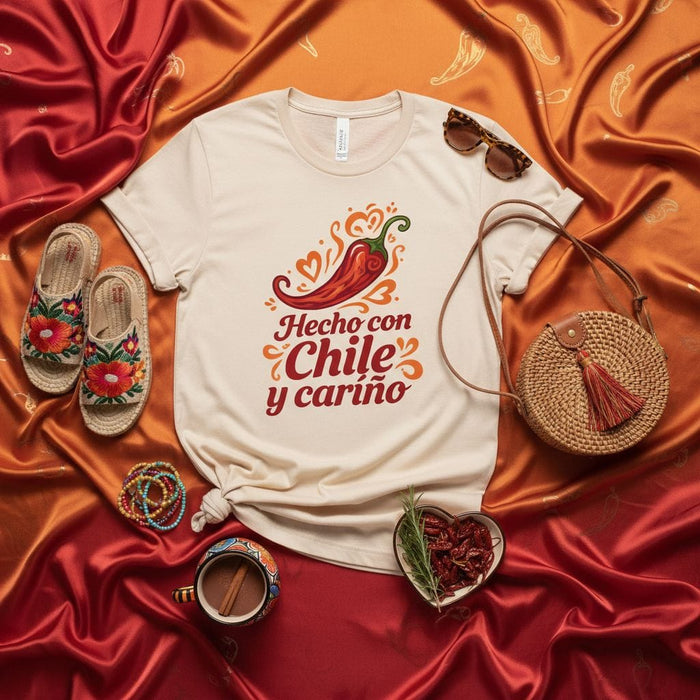 Hecho con Chile y Cariño T-Shirt, Spicy Chili Pepper Graphic Tee, Unisex Spanish Saying Shirt, Cute & Loving Design, Mexican Heritage Gift Mexicada