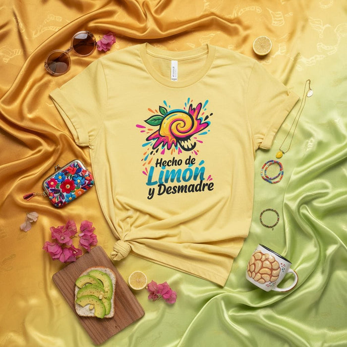 Hecho de Limón y Desmadre T-shirt Unisex, Colorful Lemon Design Tee, Fun Spanish Quote Shirt, Casual Summer Apparel Gift Idea Mexicada