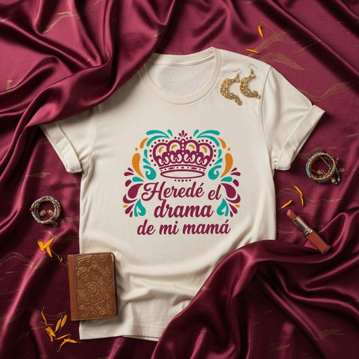Heredé el drama de mi mamá T-Shirt, Camiseta para mujer, playera divertida en español, regalo para hija, corona, diseño gráfico floral, herencia familiar, orgullo hispano, latinx. Mexicada