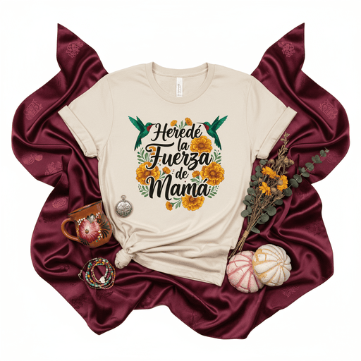 Heredé la Fuerza de Mamá T-Shirt | Spanish Mother's Day Shirt | Floral Hummingbird Design | Regalo para Mamá | Beige Unisex Tee | Latina Mom Gift Idea | Mexican Heritage Inspired Graphic Shirt Mexicada