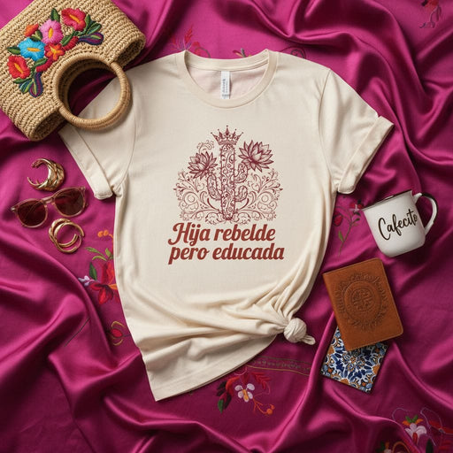 Hija Rebelde Pero Educada T-Shirt, Cactus Floral Design, Crown, Spanish Quote Shirt, Latina Power Tee, Women's Graphic Shirt, Gifts for Her, Unisex Soft Style Tee, Latinx Heritage Apparel Mexicada