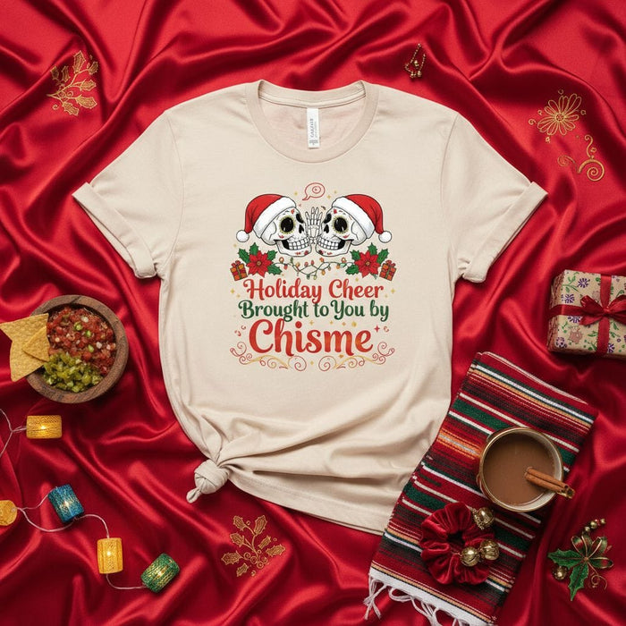 Holiday Cheer Brought to You by Chisme T-Shirt, Funny Dia de los Muertos Skulls in Santa Hats, Christmas Gossip Tee, Sugar Skull Holiday Shirt, Mexican Culture Inspired Festive Top Mexicada