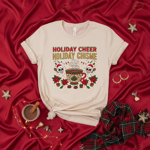 Holiday Cheer Holiday Chisme Christmas Skull Coffee Shirt, Funny Latino Holiday Tee, Poinsettia Sugar Skulls Xmas Gift, Unisex Adult T-Shirt, Fiesta Season Graphic Top Mexicada