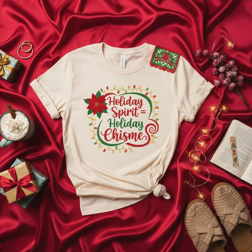 Holiday Spirit = Holiday Chisme, Funny Christmas Poinsettia Lights Tee, Spanish English Spanglish Holiday Gift, Unisex T-Shirt Mexicada