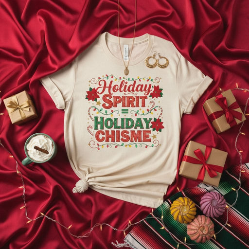 Holiday Spirit = Holiday Chisme Shirt, Funny Latinx Christmas Tee, Xmas Family Gathering Gossip T-Shirt, Poinsettia Lights Festive Gift, Short Sleeve Unisex Graphic Top Mexicada
