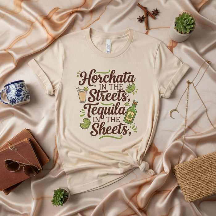 Horchata In The Streets, Tequila In The Sheets T-Shirt Funny Spanish Drink Quote Mexico Party Shirt Unisex Soft Cotton Blend Tee Graphic Lime Bottle Mexicada