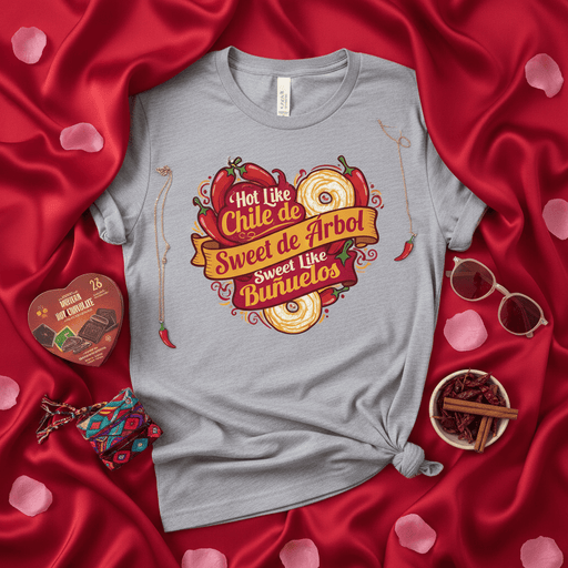 Hot Like Chile de Árbol Sweet Like Buñuelos T-Shirt, Spicy and Sweet Foodie Shirt, Chile Pepper Heart Design Tee, Hispanic Food Love Apparel Mexicada