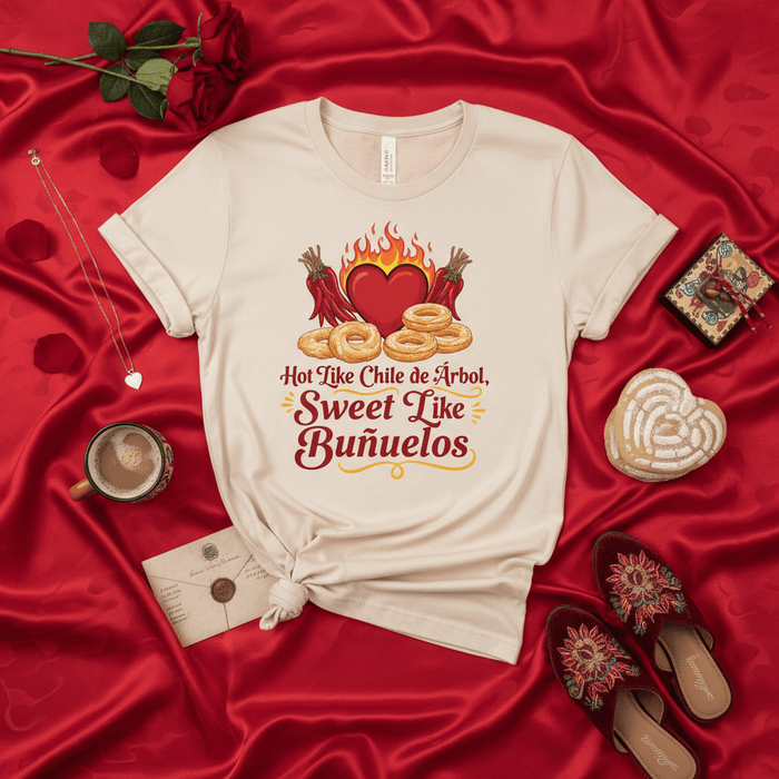 Hot Like Chile de Árbol, Sweet Like Buñuelos Unisex T-Shirt, Spicy and Sweet Food Lover Tee, Mexican Dessert and Chili Pepper Shirt, Funny Valentines Day Gift, Latina/Latino Apparel. Mexicada