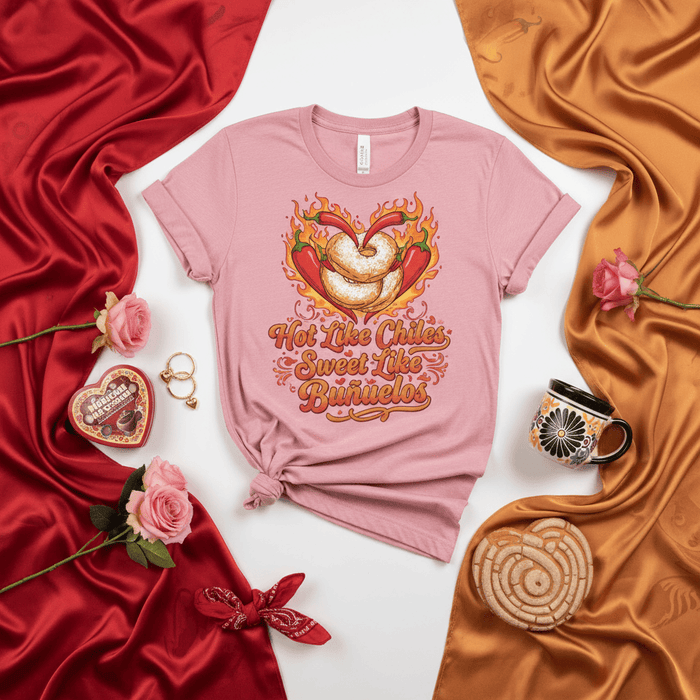Hot Like Chiles Sweet Like Buñuelos T-Shirt, Mexican Food Lover Tee, Spicy Sweet Donut Heart, Valentine's Day Gift, Cute Latinx Humor Shirt, Pink Unisex T-shirt with Chiles and Buñuelos Graphic. Mexicada