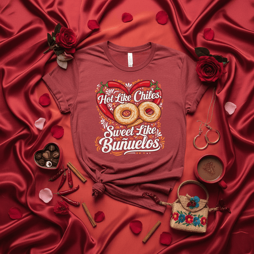 Hot Like Chiles Sweet Like Buñuelos T-Shirt, Spicy and Sweet Foodie Shirt, Mexican Dessert Lover Gift, Dia de San Valentin Shirt, Unisex Graphic Tee Mexicada