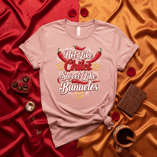 Hot Like Chiles Sweet Like Buñuelos T-Shirt, Spicy and Sweet Valentine's Day Shirt, Romantic Mexican Food Design Tee, Chile Pepper and Buñuelo Dessert Apparel, Unisex Gift for Food Lovers. Mexicada