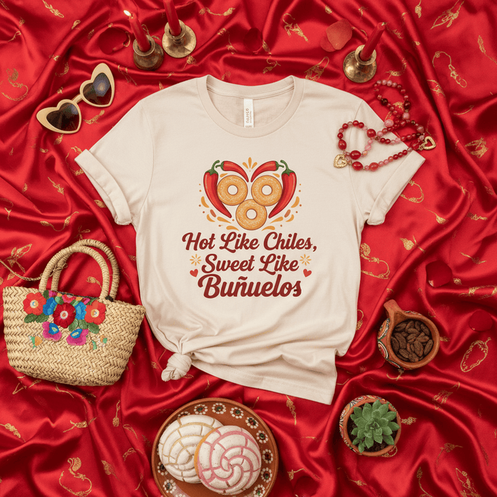 Hot Like Chiles Sweet Like Buñuelos T-Shirt, Spicy Chili Pepper Donut Dessert Graphic Tee, Mexican Food Lover Shirt, Latina Gift, Cinco de Mayo, Funny Unisex Shirt Mexicada