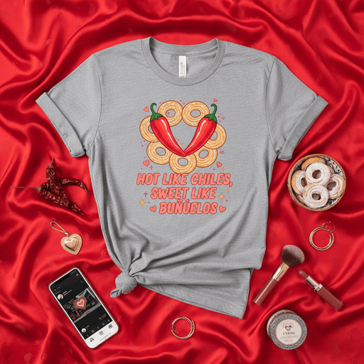 Hot Like Chiles Sweet Like Buñuelos T-Shirt, Spicy Chili Peppers and Buñuelo Donut Rings, Sweetheart Valentine's Day Shirt, Funny Foodie Hispanic Culture Unisex Tee Gift Mexicada