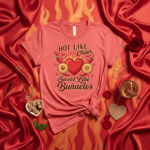 Hot Like Chiles Sweet Like Buñuelos T-Shirt, Spicy Love Heart Tee, Mexican Food Dessert Shirt, Valentine's Day Unisex Gift Top, Chile Pepper Donut Graphic Shirt, Romantic Hispanic Culture Clothing Mexicada