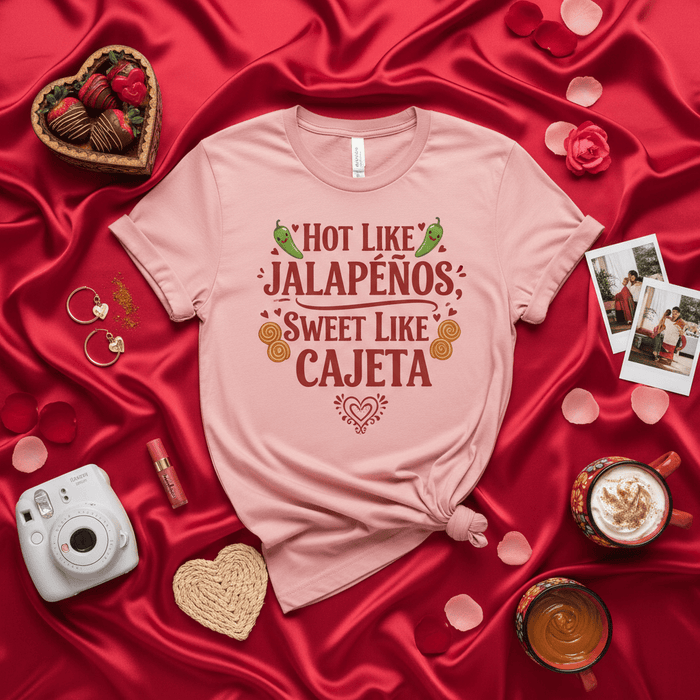 Hot Like Jalapeños Sweet Like Cajeta T-Shirt, Funny Valentine's Day Shirt, Spicy Sweet Mexico Pun Tee, Latino Hispanic Gift, Cute Pink Unisex Shirt, Food Lover Apparel, Mexican Candy Quote Top, Dia del Amor Y la Amistad Mexicada