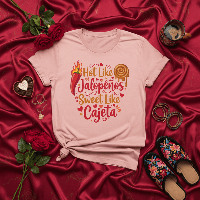 Hot Like Jalapeños Sweet Like Cajeta T-Shirt, Spicy and Sweet Foodie Shirt, Mexican Candy Lover Gift, Cute Valentine's Day Pink Unisex Tee, Chili Pepper and Dulce de Leche Caramel Graphic Top Mexicada