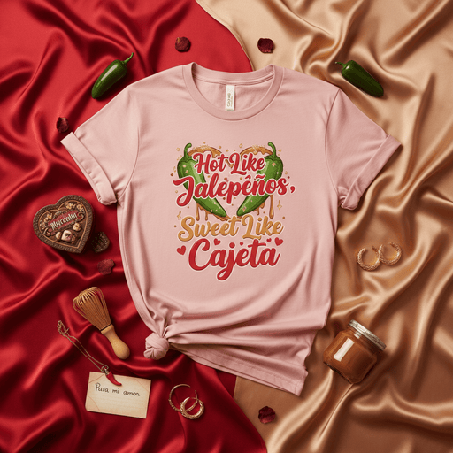 Hot Like Jalapeños Sweet Like Cajeta T-Shirt, Spicy and Sweet Valentine's Day Shirt, Romantic Mexican Food Pun Tee, Cinco de Mayo Apparel, Unisex Gift for Her or Him, Funny Pepper and Caramel Top Mexicada