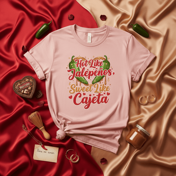 Hot Like Jalapeños Sweet Like Cajeta T-Shirt, Spicy and Sweet Valentine's Day Shirt, Romantic Mexican Food Pun Tee, Cinco de Mayo Apparel, Unisex Gift for Her or Him, Funny Pepper and Caramel Top Mexicada