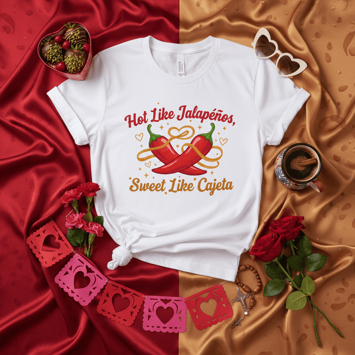Hot Like Jalapeños, Sweet Like Cajeta T-Shirt, Spicy Sweet Mexican Food Pun Shirt, Valentine's Day Couple Tee, Fun Romance Gift, Unisex Graphic Apparel Mexicada