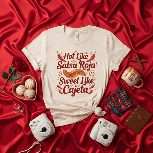 Hot Like Salsa Roja Sweet Like Cajeta T-Shirt, Spicy and Sweet Food Pun Shirt, Funny Mexican Dessert Tee, Hispanic Heritage Gift, Unisex Foodie Apparel Mexicada