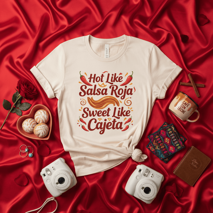 Hot Like Salsa Roja Sweet Like Cajeta T-Shirt, Spicy and Sweet Food Pun Shirt, Funny Mexican Dessert Tee, Hispanic Heritage Gift, Unisex Foodie Apparel Mexicada