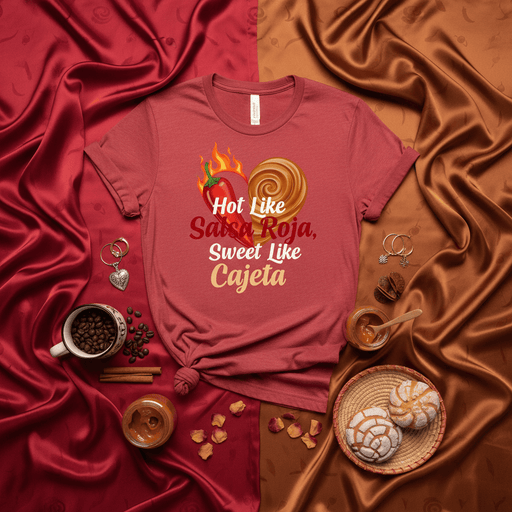 Hot Like Salsa Roja Sweet Like Cajeta T-Shirt, Spicy Mexican Food Lover Shirt, Latina Gift, Spanish Slogan Tee with Chile Pepper and Caramel Swirl Graphic, Unisex Apparel Mexicada