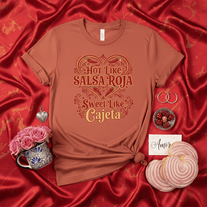 Hot Like Salsa Roja Sweet Like Cajeta T-Shirt, Spicy Mexican Food Lover Shirt, Latina Valentine's Day Tee, Chili Pepper Heart Graphic, Unisex Fiesta Apparel Mexicada