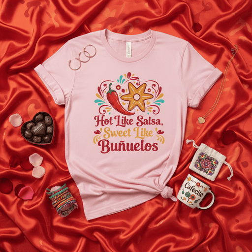 Hot Like Salsa Sweet Like Buñuelos, Funny Latina Shirt, Mexican Dessert, Chili Pepper Graphic Tee, Food Lover Gift, Cute Spanish Phrase T-Shirt Mexicada