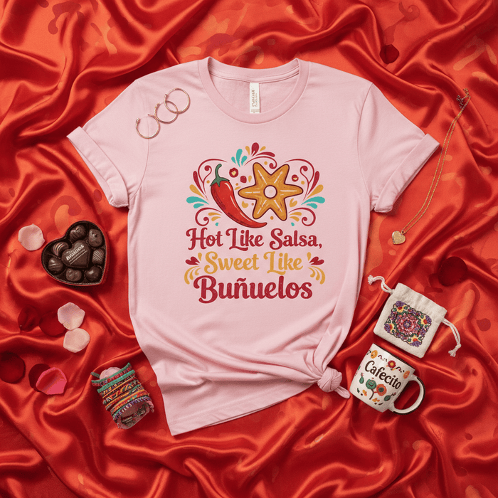 Hot Like Salsa Sweet Like Buñuelos, Funny Latina Shirt, Mexican Dessert, Chili Pepper Graphic Tee, Food Lover Gift, Cute Spanish Phrase T-Shirt Mexicada