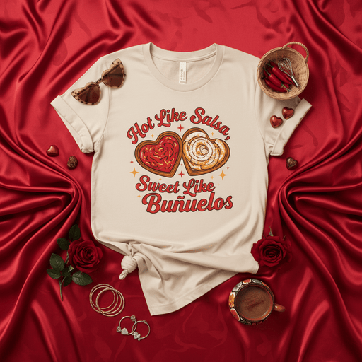 Hot Like Salsa Sweet Like Buñuelos T-Shirt, Mexican Food Valentines Day Shirt, Cute Heart Cookie and Cinnamon Roll Graphic Tee, Spanish Phrase Love Shirt, Foodie Gift Mexicada