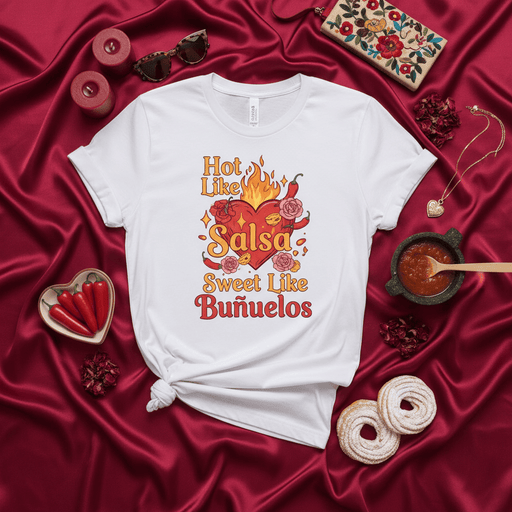 Hot Like Salsa Sweet Like Buñuelos T-Shirt, Spicy Heart Shirt, Mexican Food Lover Gift, Latina Apparel, Funny Valentine's Day Tee, Unisex Graphic Top Mexicada