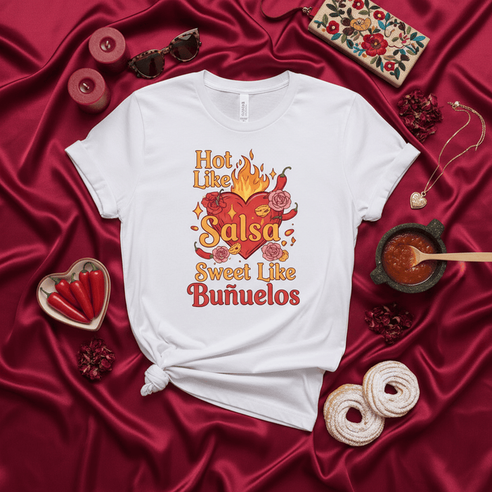 Hot Like Salsa Sweet Like Buñuelos T-Shirt, Spicy Heart Shirt, Mexican Food Lover Gift, Latina Apparel, Funny Valentine's Day Tee, Unisex Graphic Top Mexicada