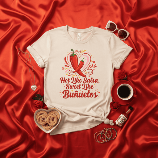 Hot Like Salsa Sweet Like Buñuelos T-Shirt, Spicy Peppers Heart Design, Mexican Dessert Foodie Shirt, Cute Valentine's Day Gift Tee, Unisex Graphic Latinx Apparel Mexicada
