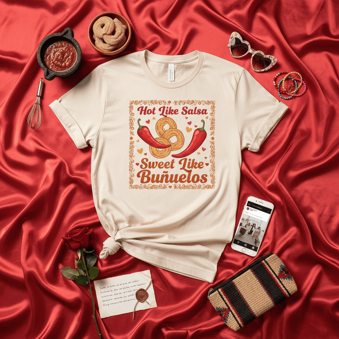 Hot Like Salsa Sweet Like Buñuelos T-Shirt with Chili Peppers and Churro Graphic, Funny Foodie Shirt, Latino Culture Apparel, Unisex Top Mexicada