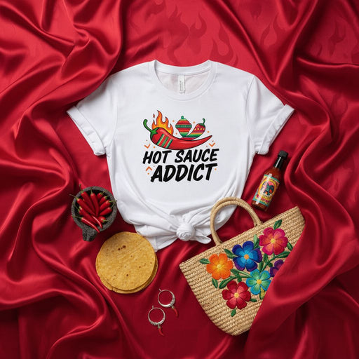 Hot Sauce Addict T-Shirt Spicy Chili Pepper Graphic Tee Food Lover Gift Cinco de Mayo Shirt Mexican Fiesta Unisex Cotton Top Mexicada